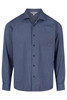 A long-sleeve button-up shirt in navy blue with a vertical stripe pattern and a pocket on the chest.