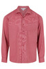 A long sleeve button-up shirt in a vibrant red colour with a subtle pattern and a single chest pocket.