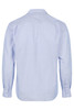 A long-sleeve button-up shirt in light blue with a striped pattern and a logo on the back.