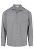 A long-sleeve, button-up shirt in grey with a chest pocket and a logo on the collar.