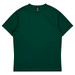 A green t-shirt featuring a plain design and a logo on the inside neckline, made for kids.