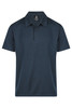 A dark navy polo shirt featuring a collar and buttons, with a logo on the upper section.