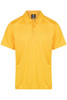 A bright yellow men's polo shirt with a collar and a logo on the chest.