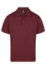 A maroon polo shirt with a collar and three-button placket. It features a logo on the label.