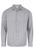 A long-sleeve button-up shirt with a black and white checkered pattern, featuring a collar and a logo.