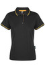 A black polo shirt with a yellow collar and sleeve trim, featuring a logo. Suitable for casual or semi-formal wear.