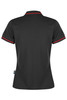 A black polo shirt with a stylish collar and red trim, featuring a logo.