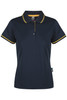 A dark navy polo shirt with yellow trim and a logo on the chest. Short sleeves and a classic collar design.