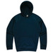 A navy blue hoodie with a front pocket and a hood, featuring a logo on the label.