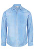 A long sleeve button-up shirt in blue and white checkered pattern, featuring a chest pocket and a logo.