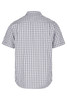 A short-sleeve button-up shirt in a grey and white checkered pattern, featuring a back yoke and branded logo.