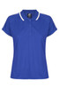 A blue polo shirt with short sleeves, contrasting white trim, and a collar. It features a logo on the branding tag.