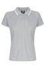 A light grey polo shirt with white accents and a logo on the collar. Short-sleeved design for a casual look.