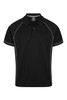 A black polo shirt featuring contrasting piping details, with a collar and short sleeves. Includes a logo.