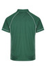 A green polo shirt with white piping, featuring a collar and short sleeves. It has a logo on the chest area.
