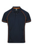 A navy polo shirt with orange piping and a logo on the front. Suitable for casual or sporty occasions.