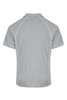 A grey polo shirt with white detailing and a logo on the back. Suitable for casual wear or promotional use.