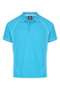 A bright blue polo shirt featuring white piping and a collar. It has a logo on the chest area.