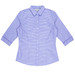 A button-up shirt with 3/4 sleeves in a blue and white gingham pattern, featuring a collar and a logo.