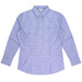 A button-up shirt featuring a blue and white gingham pattern with long sleeves and a collar.