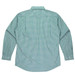 A long sleeve button-up shirt in a green and white check pattern with a back view. Features a logo on the collar.