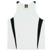 A white singlet with black side panels and a logo at the neckline.