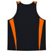 A black singlet with orange accents on the sides and a logo on the front.