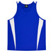 A blue singlet with white side panels and a logo at the neck area. Ideal for warm weather wear.