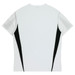 A white t-shirt with black side panels and a logo on the back. Suitable for kids.