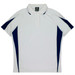 A white polo shirt with navy blue accents on the sides and a collar, featuring a logo on the upper left.