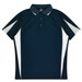 A navy polo shirt with white and grey accents and a collar. It features a logo on the front.