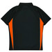 A black polo shirt featuring orange side panels and a logo. The shirt has a classic collar and short sleeves.