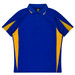 A blue polo shirt with yellow side panels and a collar. The shirt has a logo on it.