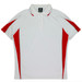 A polo shirt in white with red side accents and a collar, featuring a logo.