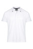 A white polo shirt featuring a collar, short sleeves, and a logo on the upper part.