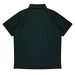 A dark green men's polo shirt with a collared neckline and short sleeves, featuring a logo on the back.