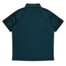 A dark green polo shirt with a collar and short sleeves, featuring a logo on the back.