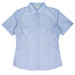 A light blue short-sleeve button-up shirt with a crisp collar and a fitted silhouette. It features a logo.