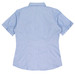 A short-sleeve button-up shirt in light blue, featuring a collar and rolled sleeves. It has a logo on the back.
