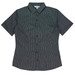 A short sleeve button-up shirt in a black and white striped pattern, featuring a collar and buttons down the front.