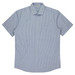 A short sleeve button-up shirt featuring a blue striped pattern and a chest pocket. It includes a logo on the label.