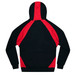 A black hoodie with red panels, featuring a hood and a branded logo on the back.