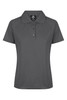 A charcoal grey polo shirt with a collar, buttons, and a logo on the chest.