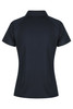 A dark navy polo shirt with a collared neckline and short sleeves, featuring a logo on the back.