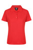 A red polo shirt with a collar and button placket, featuring a brand logo. Ideal for casual wear.