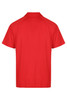 A red polo shirt featuring a collared neckline and short sleeves, with a logo on the back.
