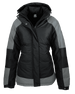 A black and grey jacket with a hood and a zip front, featuring a logo on the chest.