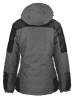A jacket in grey with black accents, featuring a hood and a back view design. It has a logo.