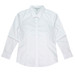 A white long sleeve button-up shirt with a collar and fitted style, featuring a logo.