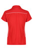 A red polo shirt with a collared neckline and white piping details, featuring a logo.